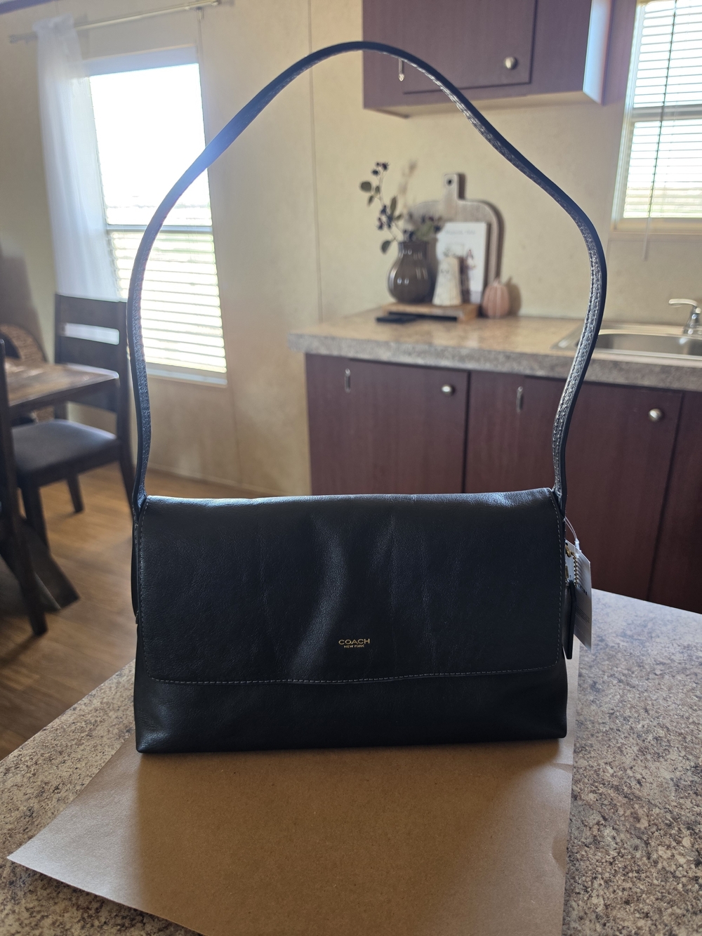 Coach Black Leather Shoulder Bag with Gold Logo